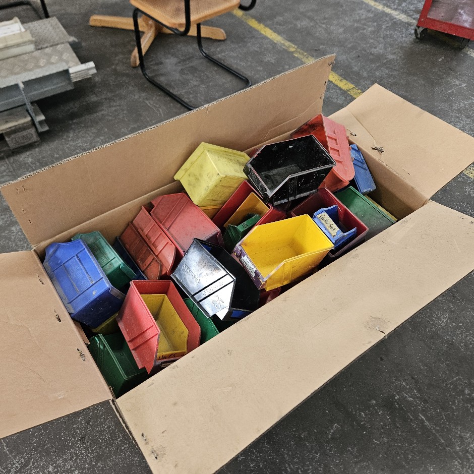 <p>Plastic Storage Bins Various Sizes Including Storage Bin Rack</p>