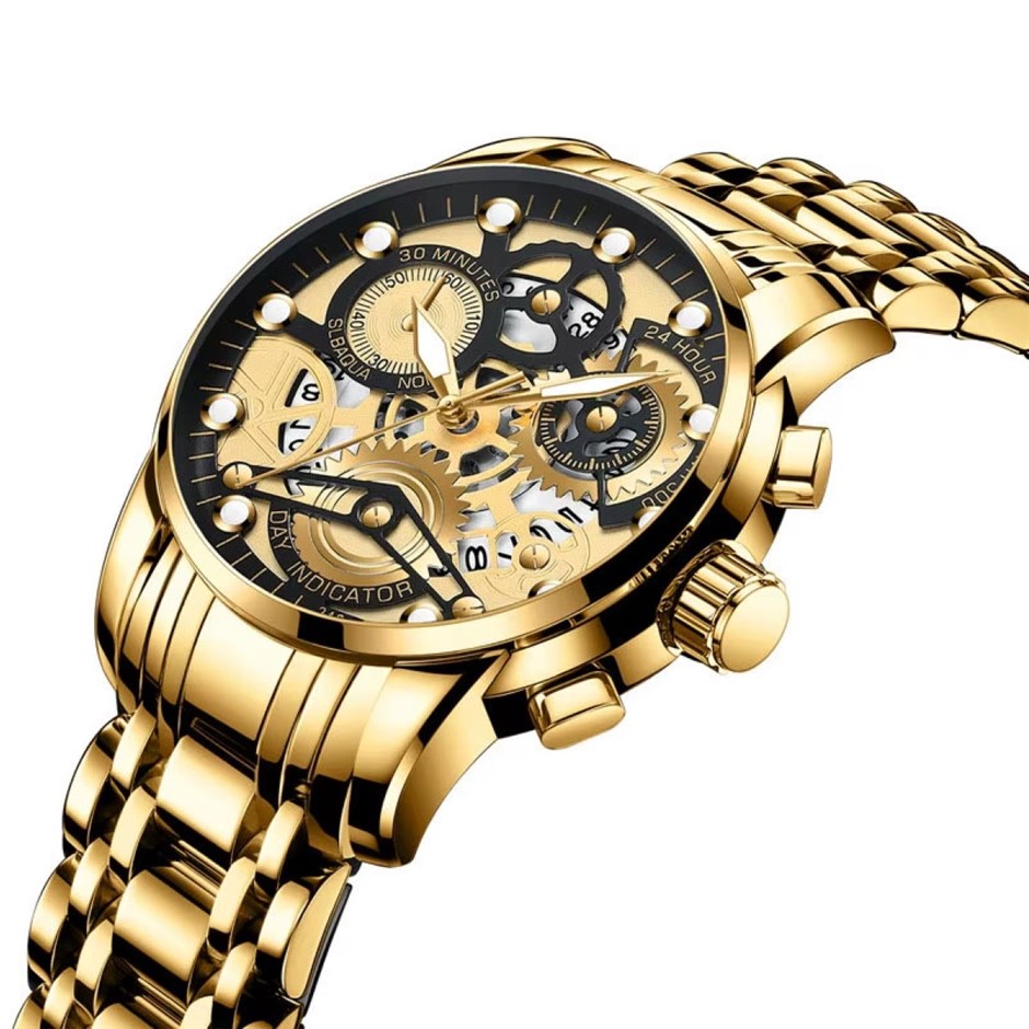 Men's Quartz Watch, Skeleton Design & Mechanical Style, Gold/Black