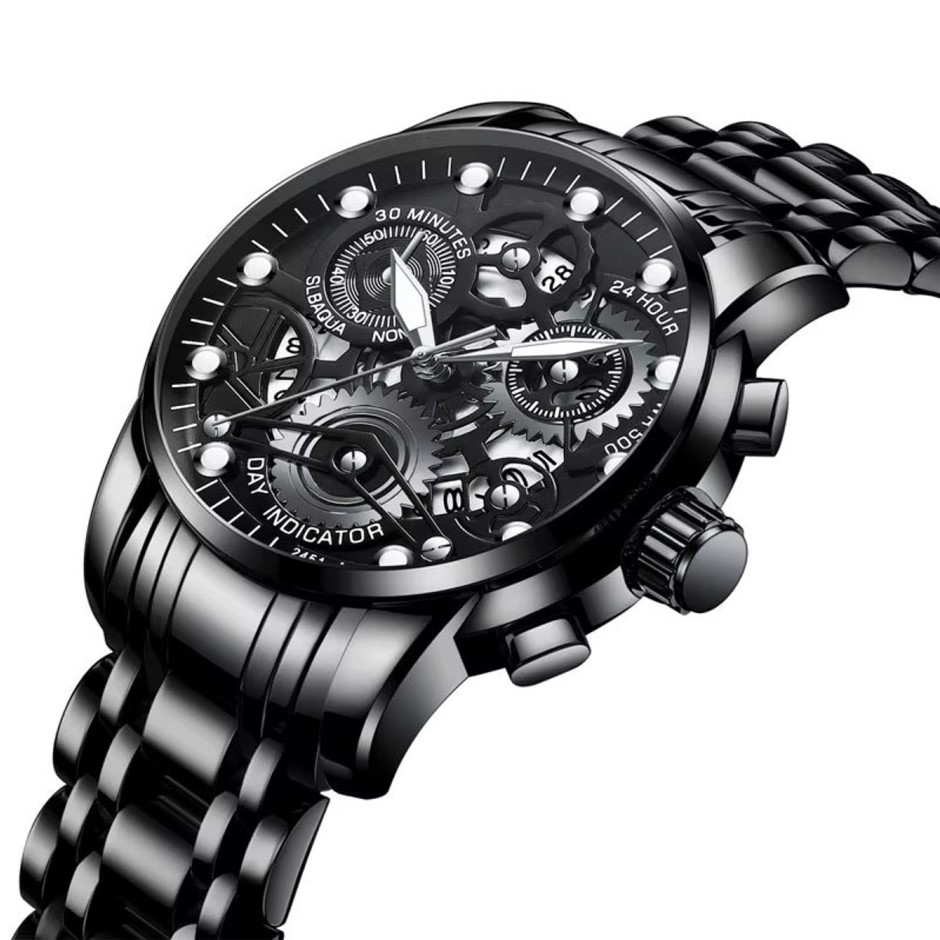 Men's Quartz Watch, Skeleton Design & Mechanical Style, Black