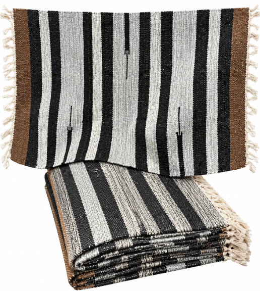 Assorted Striped Woven Floor Rugs with Tassel Fringe – Black, Grey, Blue &