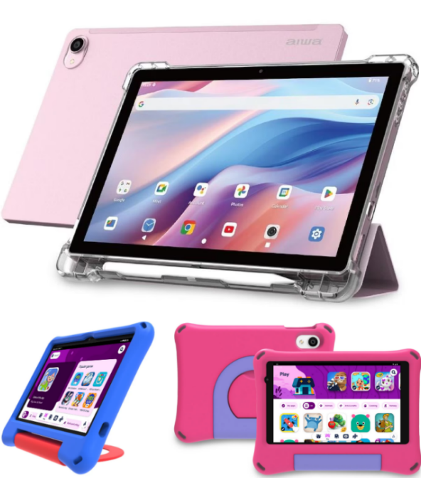AIWA 10.1" Pro Wifi Tablet (Pink) with Stylus Pen and Foldable Case + 8" Wi
