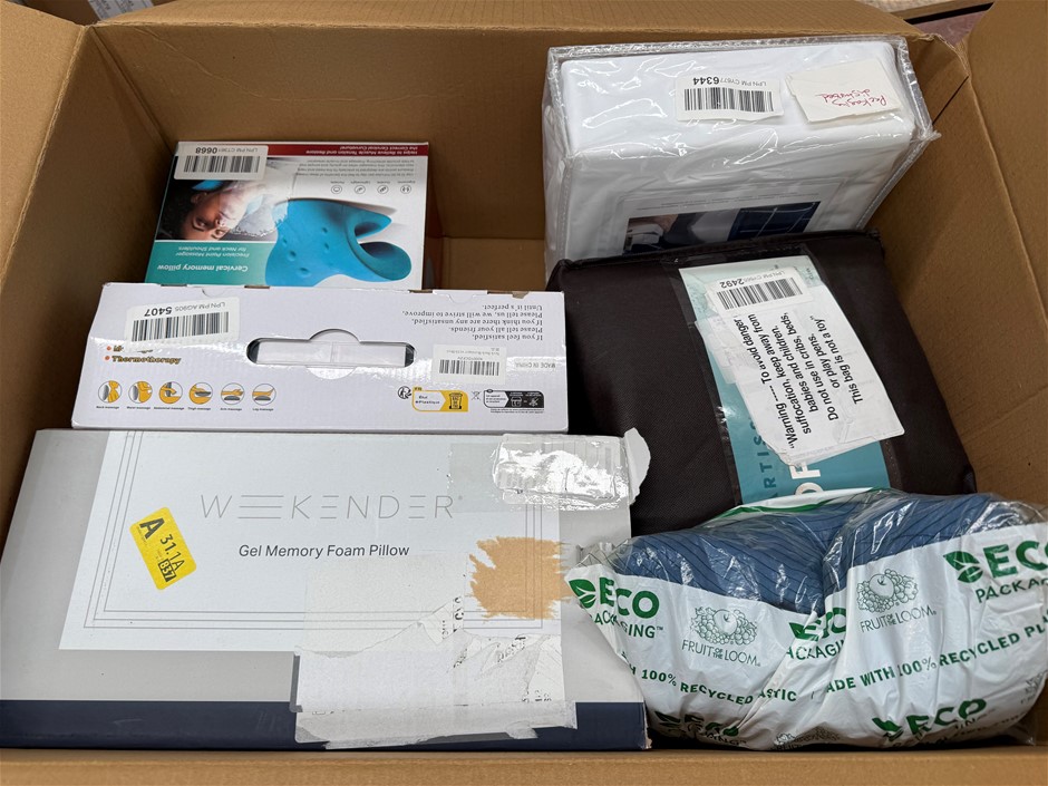 Assorted Box of Bedding Items incl: Gel Memory Foam Pillow, Sheets and more