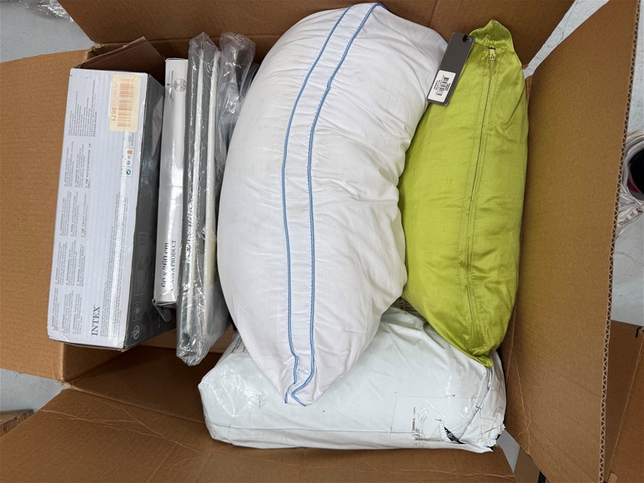 Assorted Box of Bedding incl: Pillows, Intex Twin Size Inflatable Bed and m