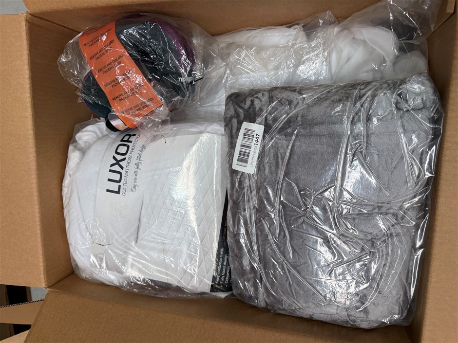 Assorted Box of Bedding incl: Mattress Protector, Blankets and more.  NB: I
