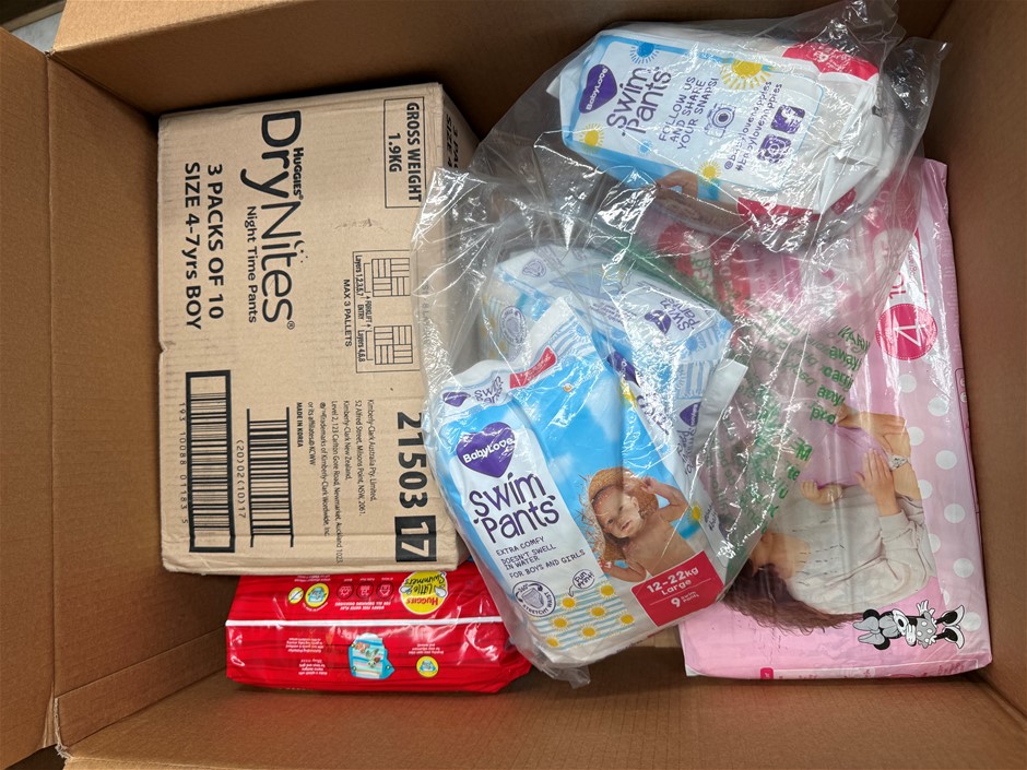 Assorted Box of Baby Items incl: Swim Pants, DryNites, Huggies Nappies. NB: