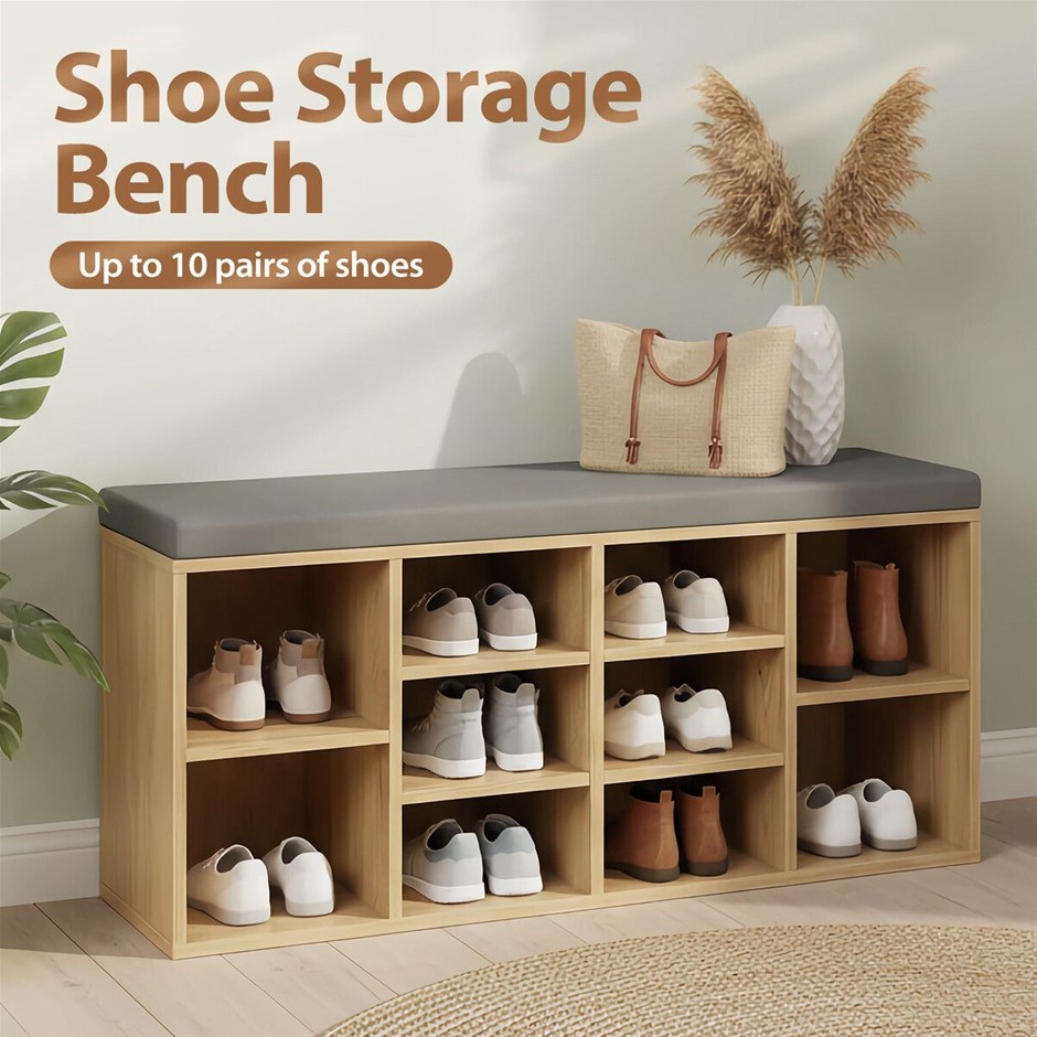 Wooden Shoe Rack Storage Bench with Cushioned Seat 10 Compartments