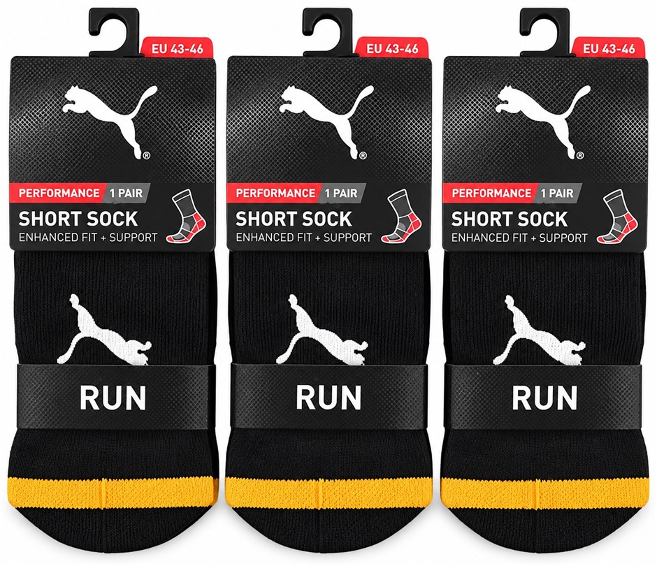 3 x PUMA Unisex Running Short Cushioned Socks, Black/Orange, US 10-12