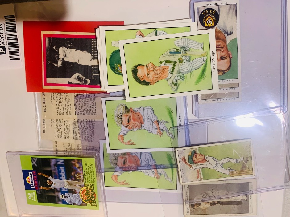 <p>Lot of cricket cards/memorabilia vintage Bradman , Rookie Warne Lillie e