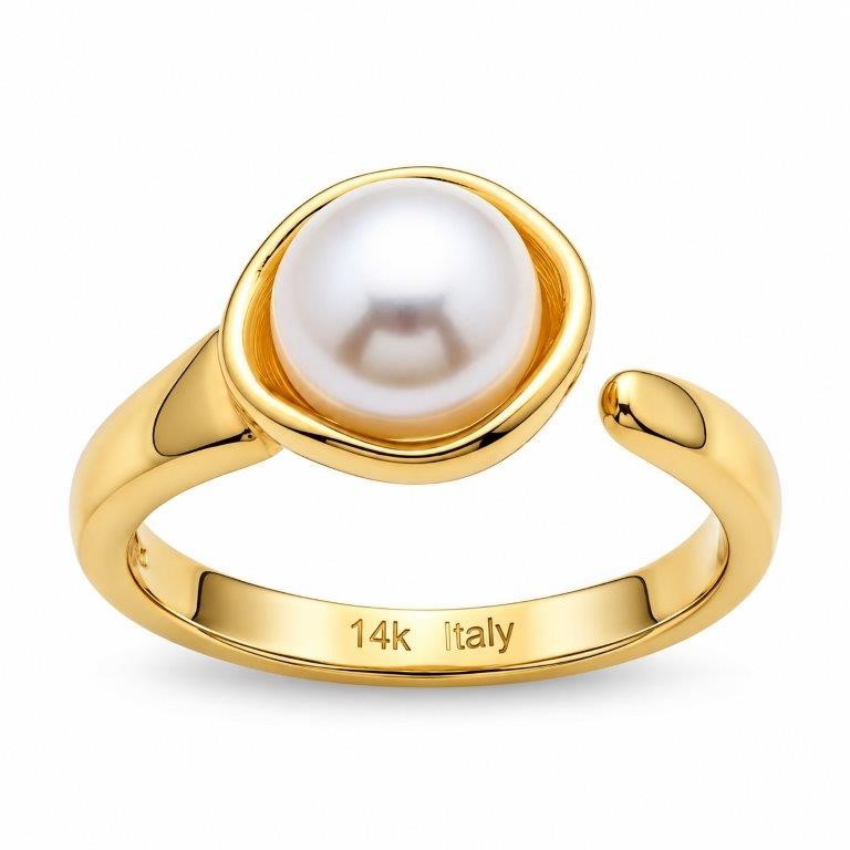 14K/Italy Stamped Yellow Gold Filled White Pearl Open Ring Bonus Gift6US