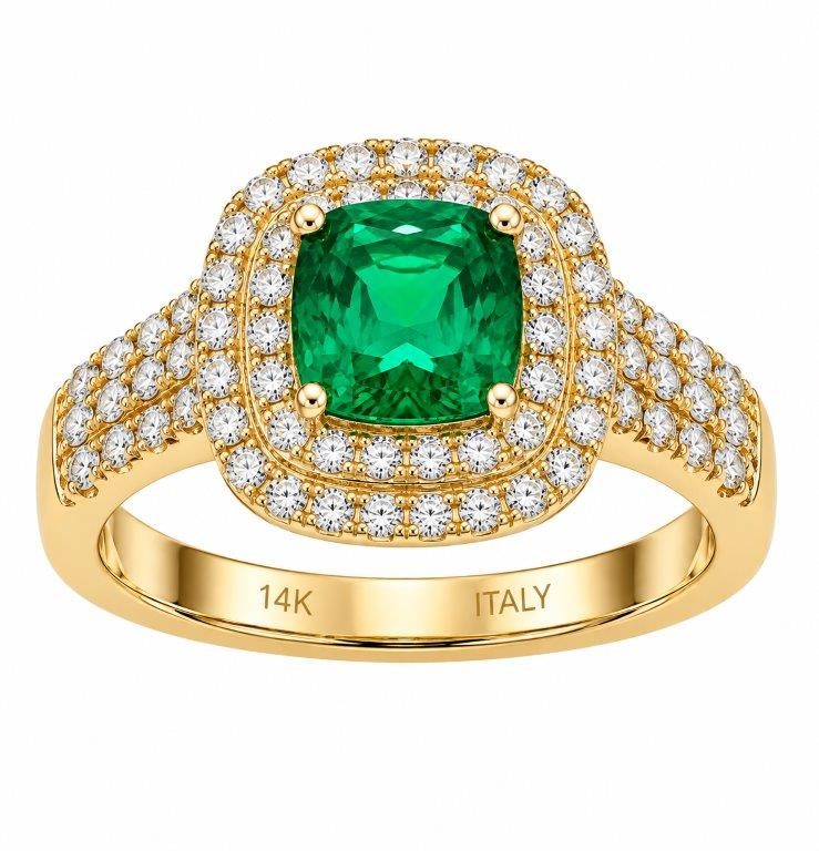 14K/Italy Stamped Yellow Gold  2.5CT Princess ct Green Double Halo Ring 9US