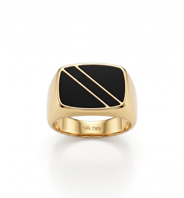 14K/Italy Stamped Yellow Gold Men’s Black Onyx Signet Ring- 14US-Bonus Gift