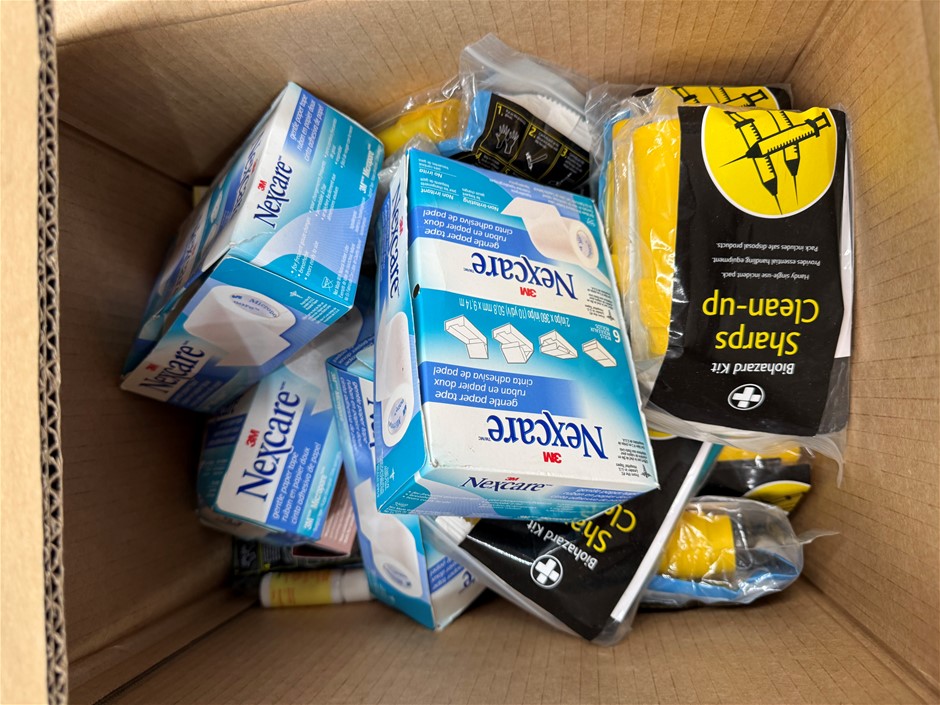 Assorted Box of Nexcare and Biohazard Kits.