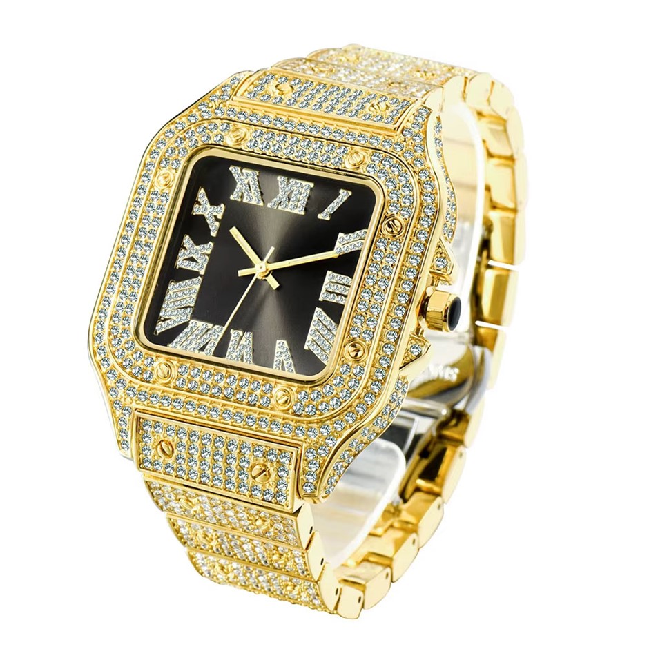 18k Gold Filled, Black Face Iced Out Diamond Quartz Wrist Watch