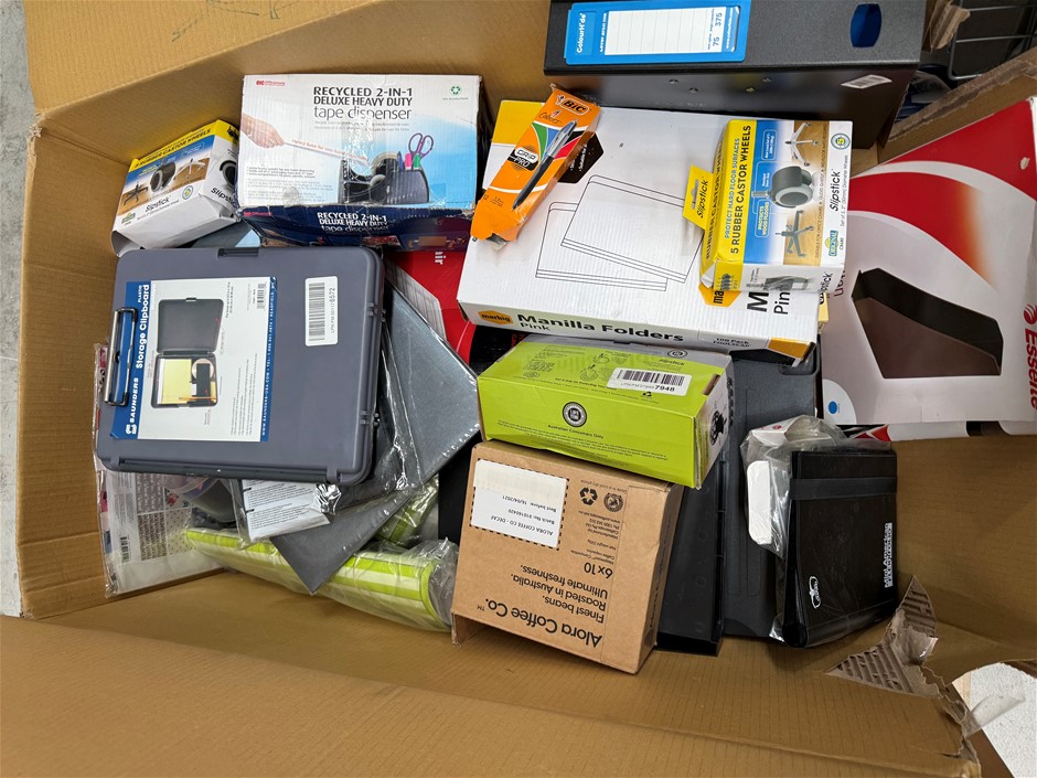 Assorted Box of Office Supplies incl: Storage Clipboards, Binders, Tape Dis