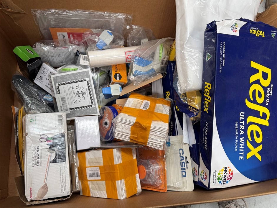 Assorted Box of Office Supplies incl: Reflex Paper, Tape Dispenser and more
