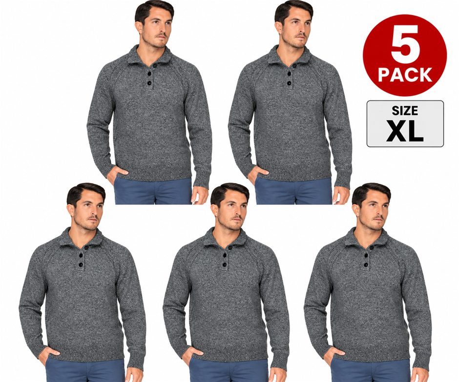 5 PACK GLOSTER Men's Raglan Sweater, Size XL, 80% Wool, Charcoal Marle.