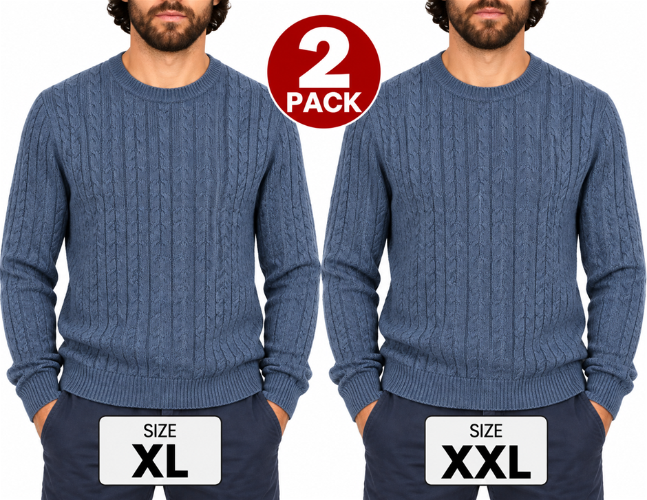 2 PACK JACHS Men's Blend Cable Knit Sweater, Size XL & XXL, 95%Cotton/5%Cas