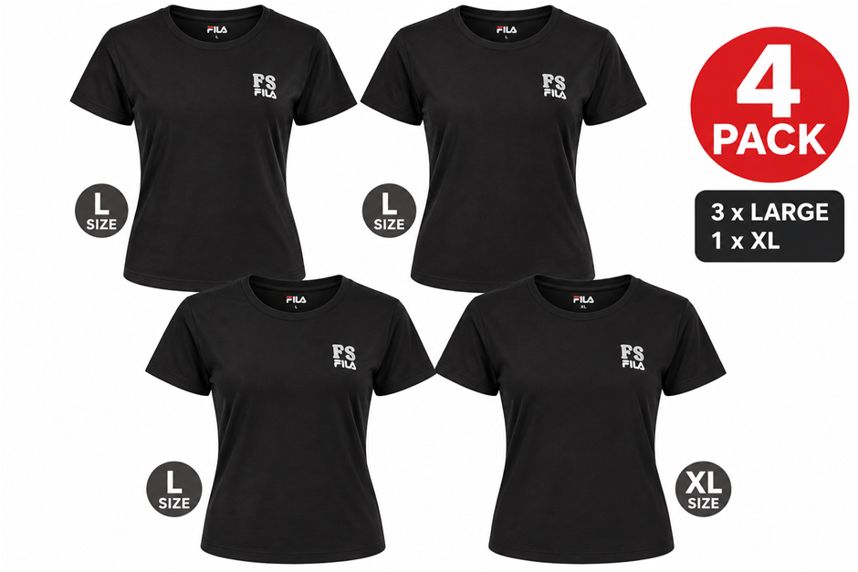 4 PACK FILA Women's Allison Tee, Black, 3 x Large and 1 x XL.