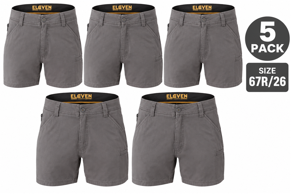 5 PACK ELEVEN Men's Jolt Shorts Workwear, Color Tarmac, Size 67R/26