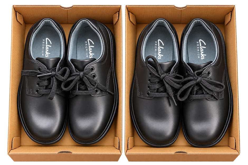 2 PAIRS of CLARKS Premium Black Shoes, UK 2 &  UK 3.