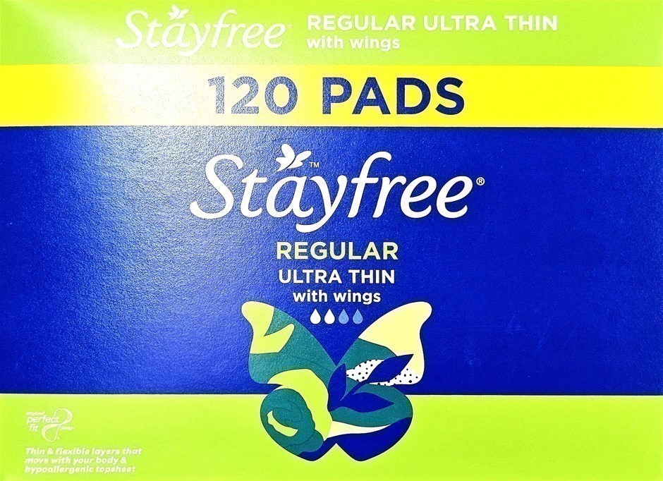 STAYFREE Box of 120 Pads, Regular Ultra Thin w/ Wings. NB: Damaged box.