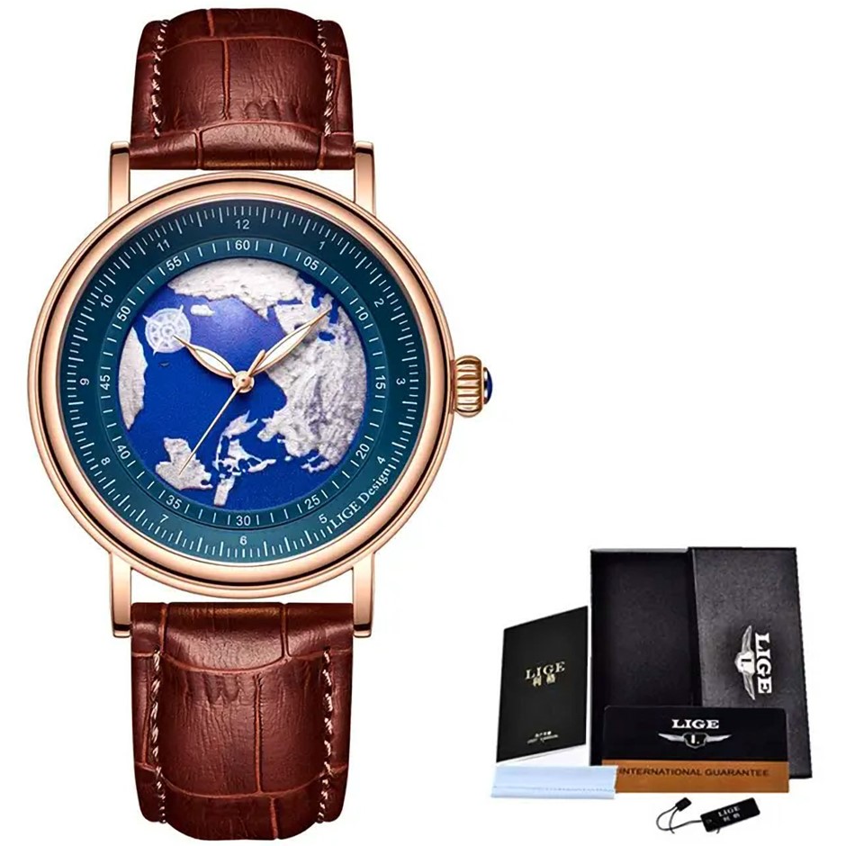 NEW LIGE Stunning Blue Planet Earth RG Men's Quartz Wristwatch