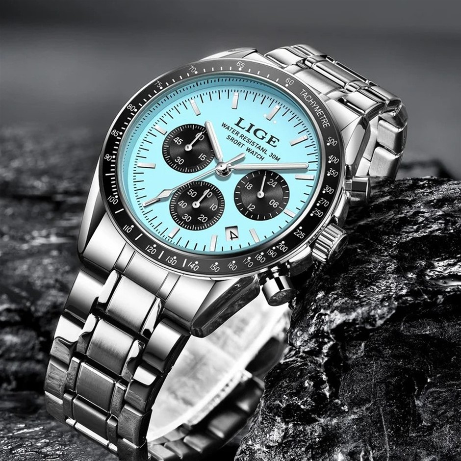 LIGE Men's Watch Quartz Chronograph Sport. Blue