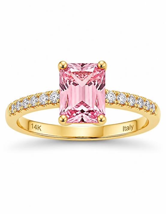 14K/Italy 2.0ct Pink Emerald Cut Yellow Gold Bonded Ring(stamped) 8US