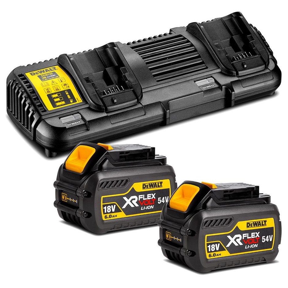 DeWALT 18V-54V Flexvolt Battery Dual Port Charger & 2 x 6.0Ah Batteries.