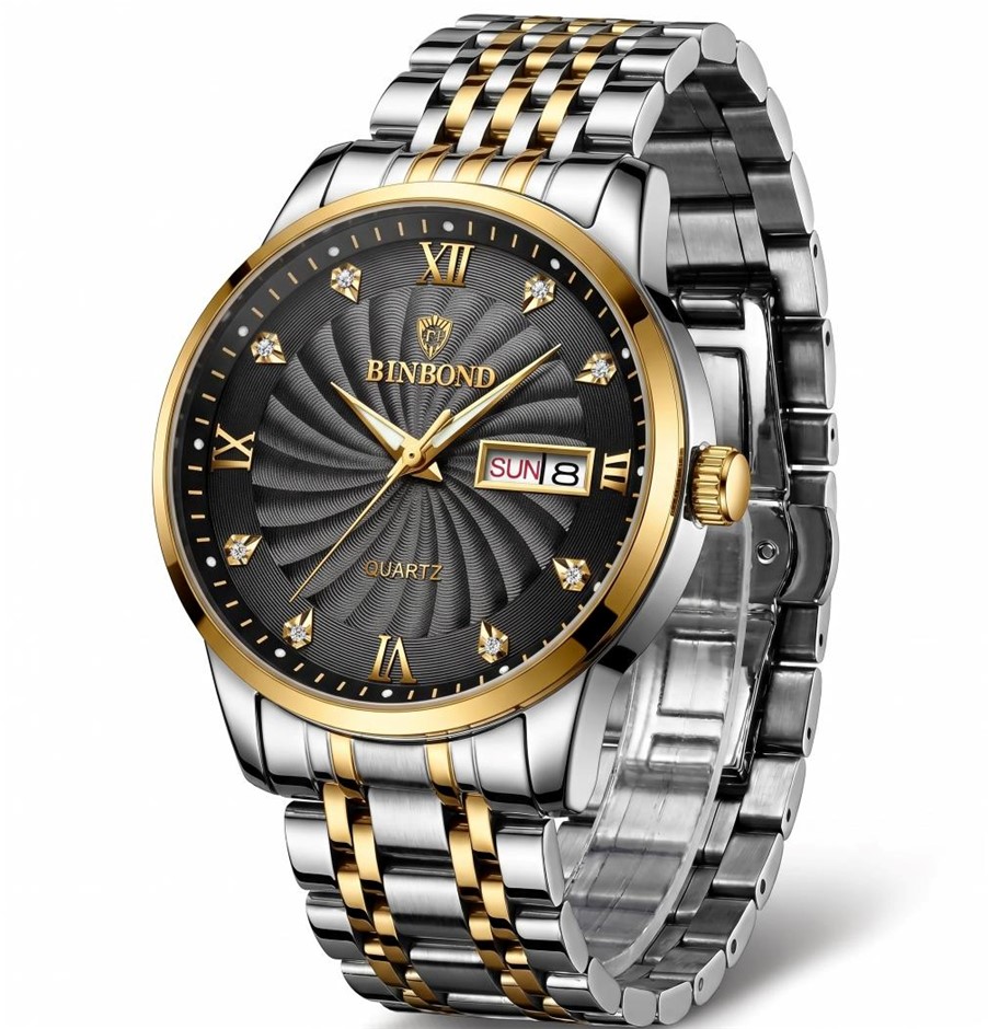 Jewelz Merchants Gold-Tone Black Dial Day-Date Watch