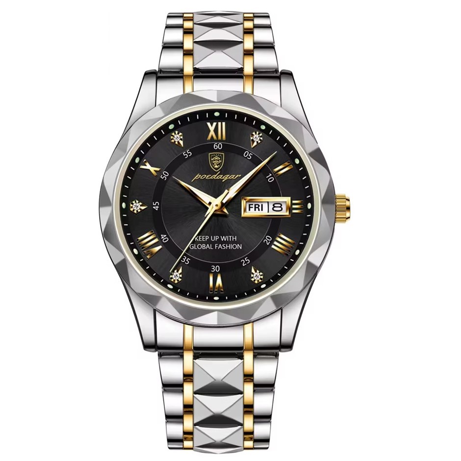 Luxury Men's Quartz Watch Date Week with Stainless Steel Strap, Silver/Gold