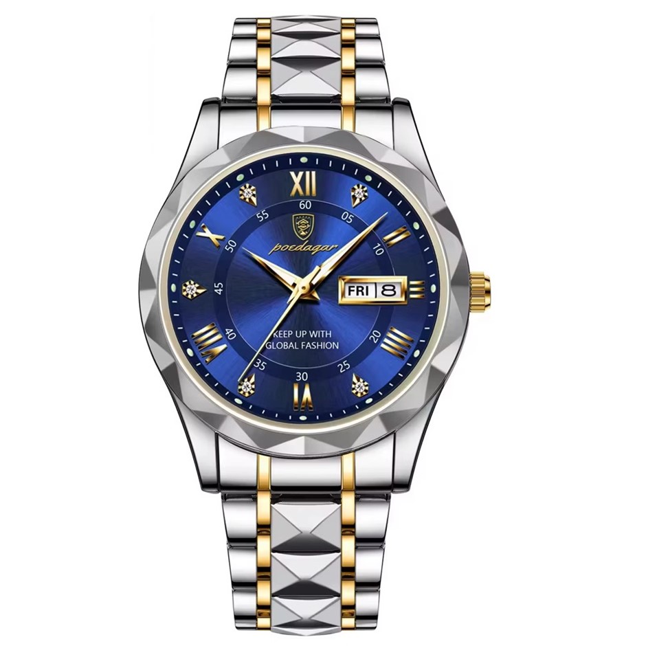 Luxury Men's Quartz Watch Date Week with Stainless Steel Strap, Silver/Gold