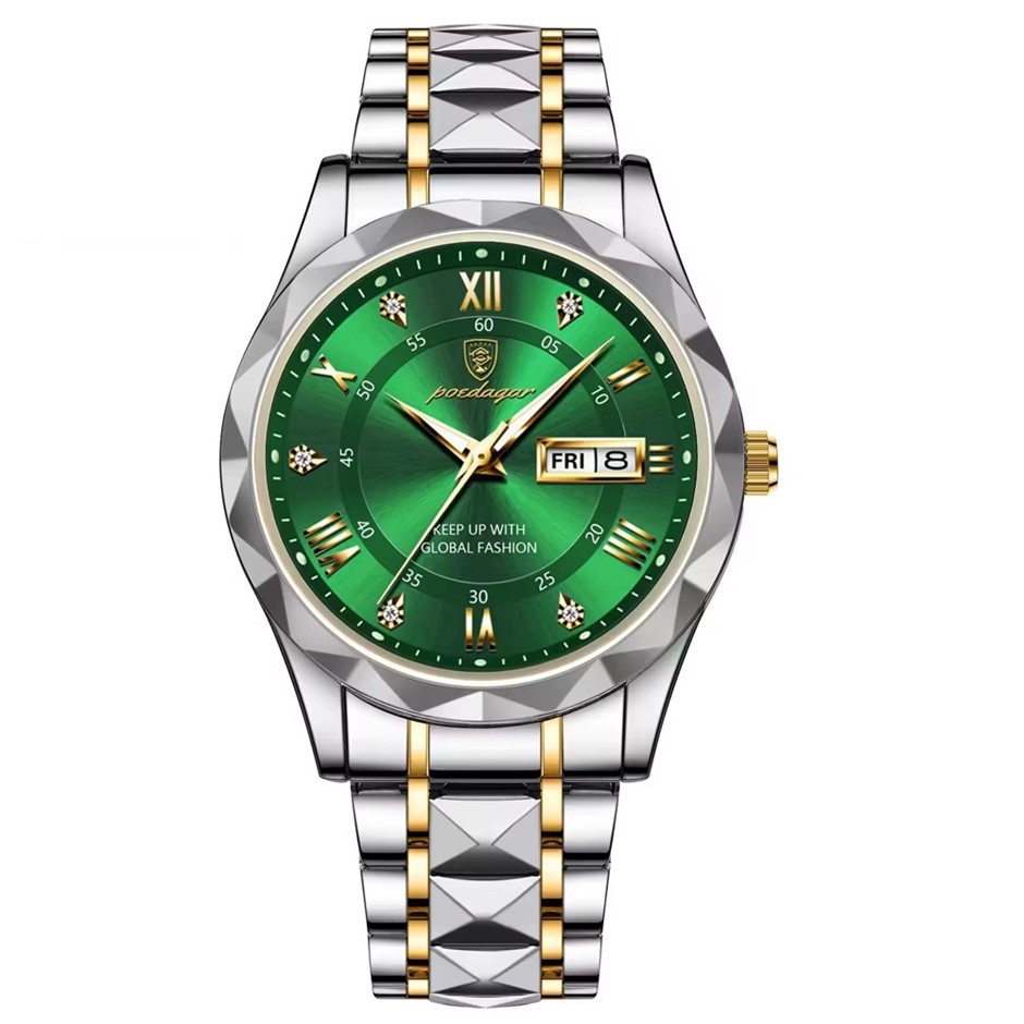 Luxury Men's Quartz Watch Date Week with Stainless Steel Strap, Silver/Gold