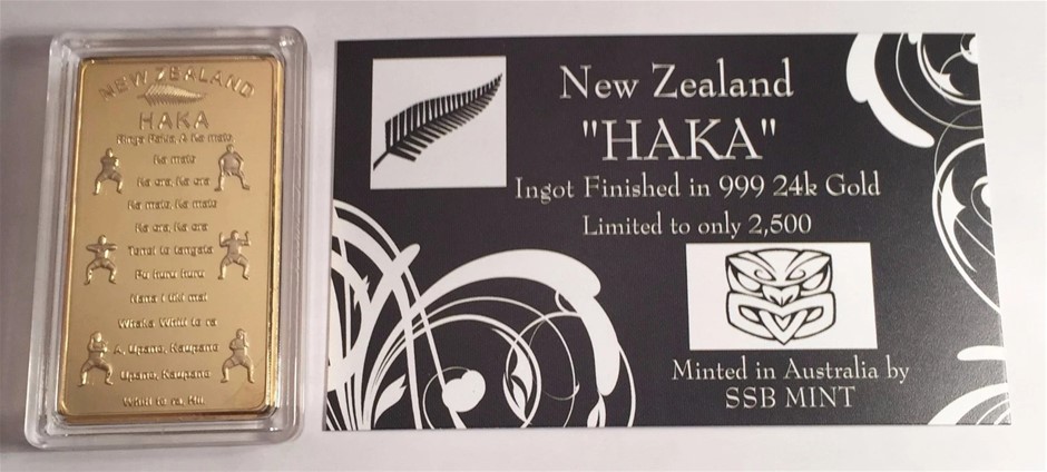 NEW ZEALAND "HAKA" 1 Oz Ingot 999 24K Gold Plated. LTD 2500 with C.O.A.