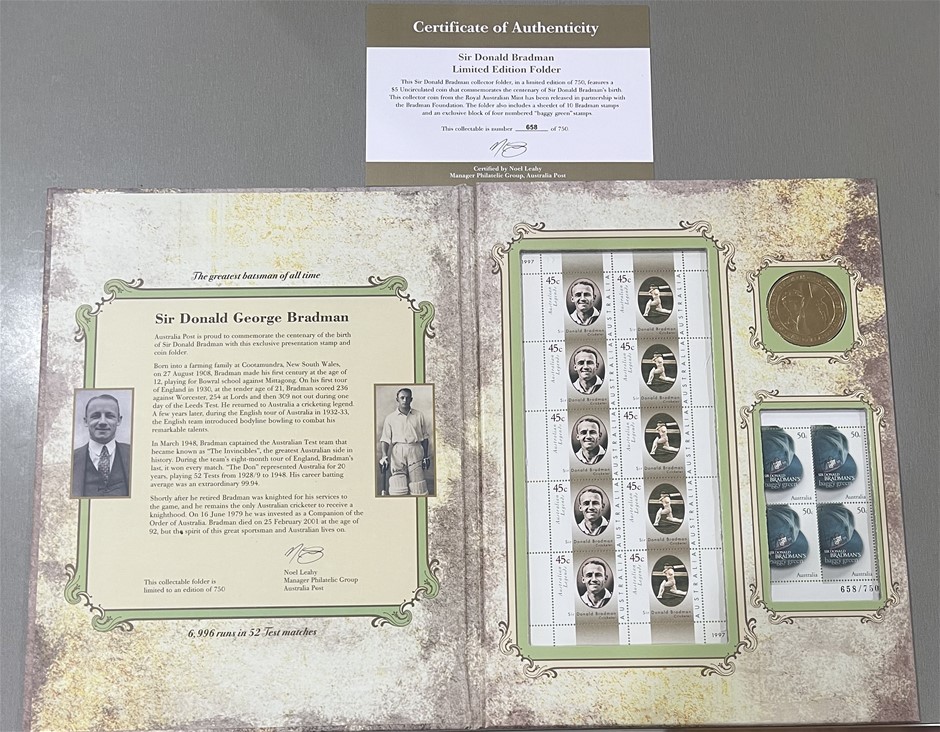 Sir Donald Bradmand Limited Edition Folder Coin, Stamp