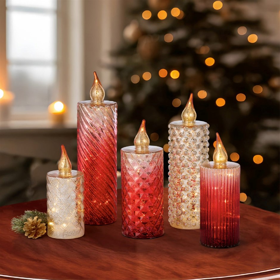 SIGNATURE 5pc LED Glass Candles, Red. NB: Damaged packaging, has not been t