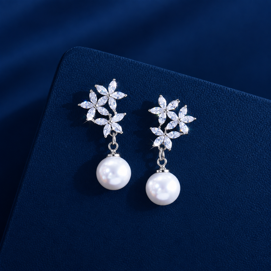 AAA+ Cubic Zirconia & Faux Pearl Flower Drop Earrings