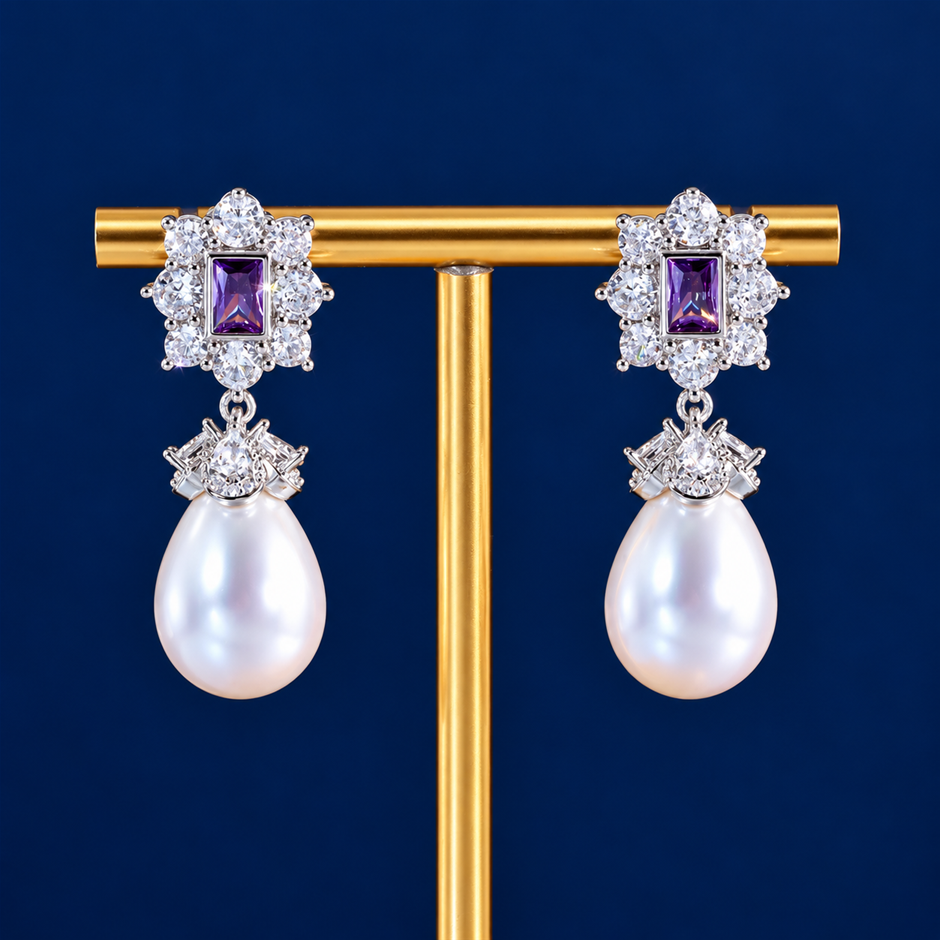 Silver Plated AAA+ Cubic Zirconia & Faux Pearl Drop Earrings