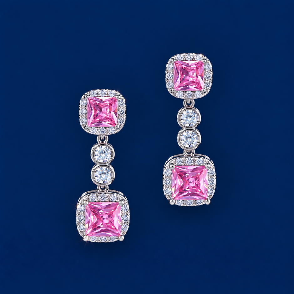 Pink Princess-Cut AAA+ Cubic Zirconia Drop Earrings