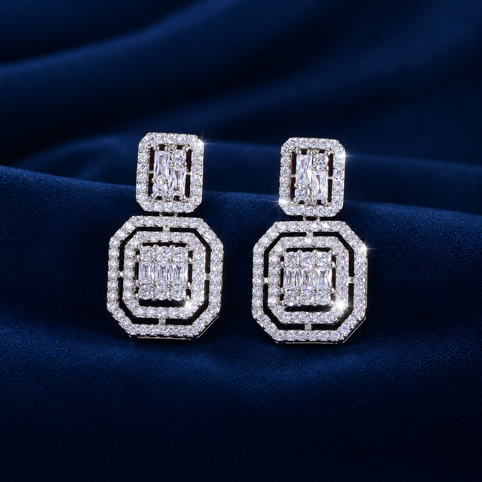 Silver Plated AAA+ Cubic Zirconia Square Drop Earrings