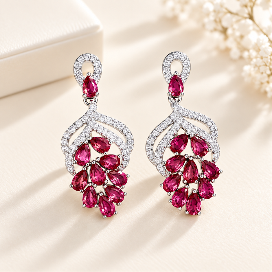 Red AAA+ Cubic Zirconia Grape Cluster Drop Earrings