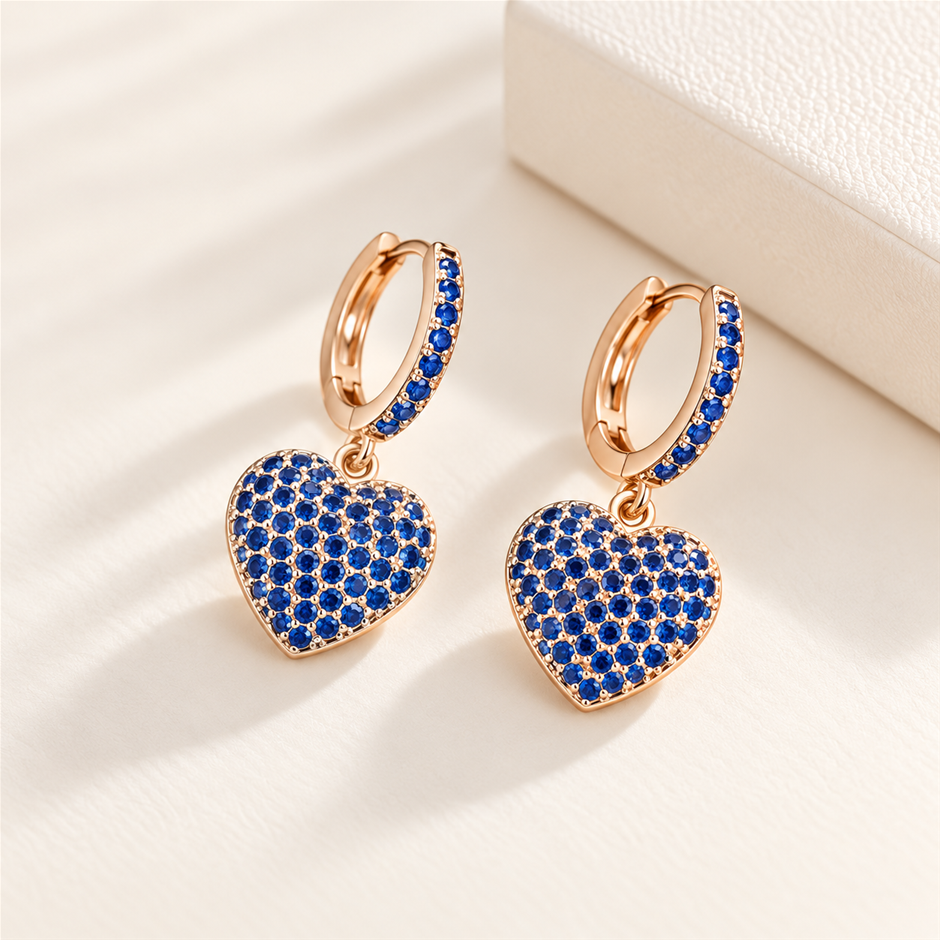 18K Gold Plated Blue AAA+ Cubic Zirconia Heart Earrings