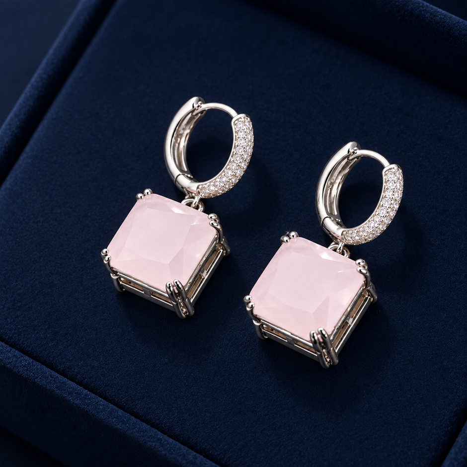 Pink Princess-Cut AAA+ Cubic Zirconia Drop Earrings