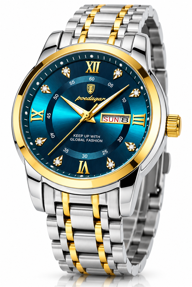 POEDAGAR Men's Blue Dial Two-Tone Day Date Quartz Watch with Presentation
