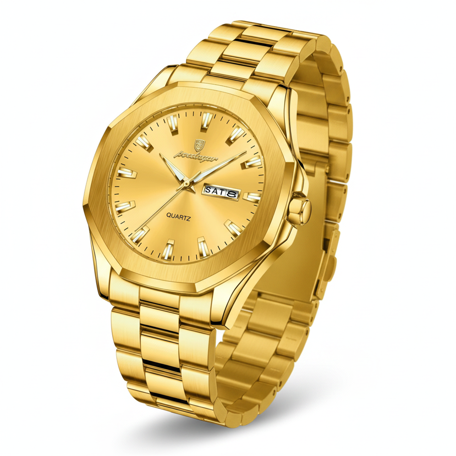 POEDAGAR Men's Gold-Tone Day Date Stainless Steel Watch
