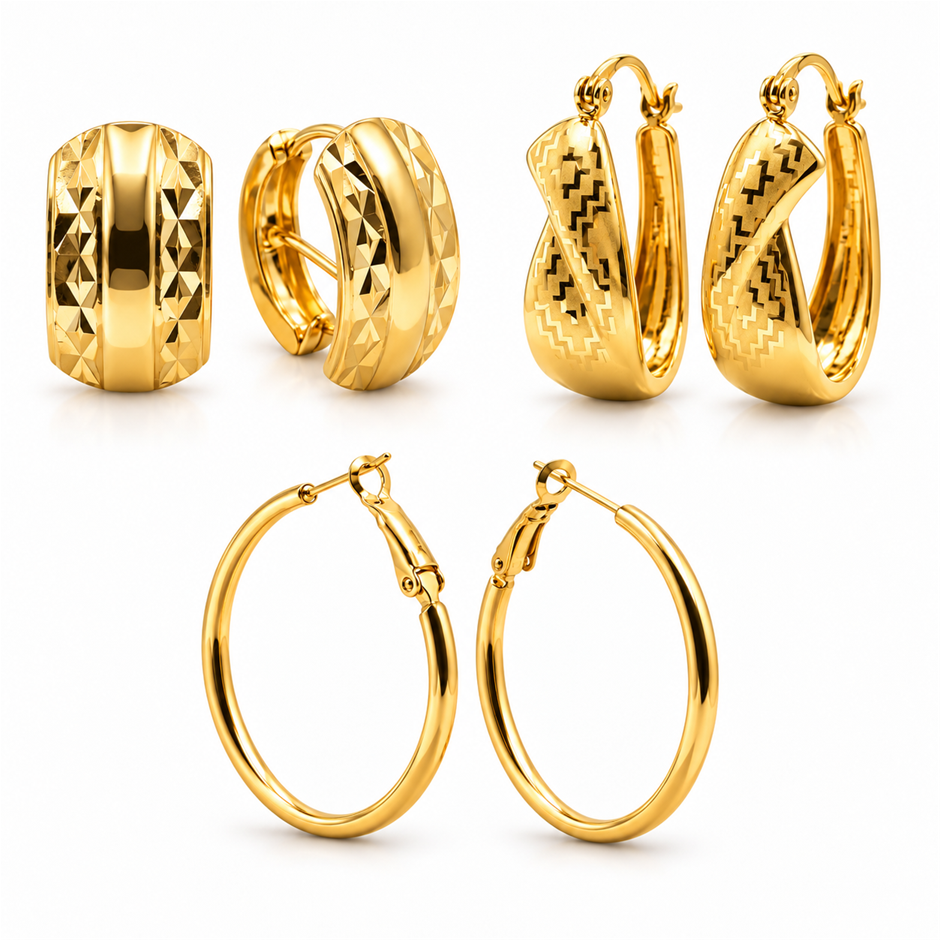Jewelz Merchants Black Friday Special – 3 Pairs Gold-Plated Hoop Earrings