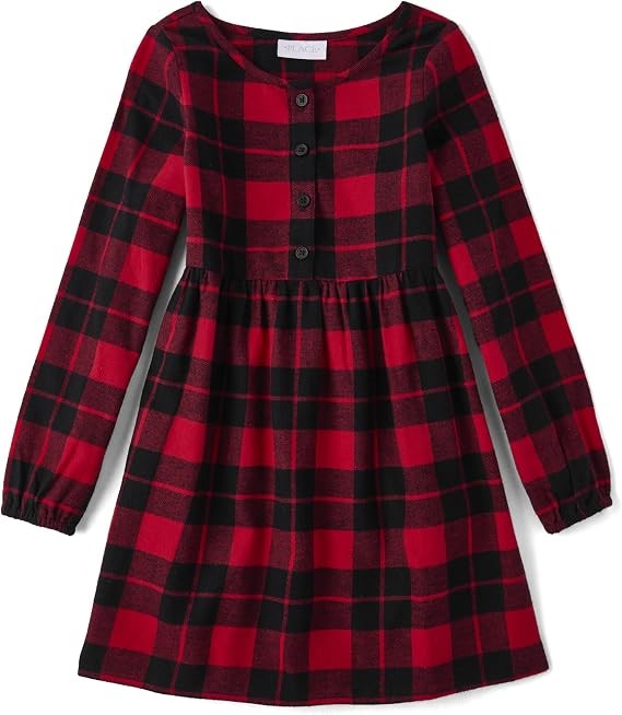 THE CHILDREN'S PLACE Girls' Dress, Size M (7/8), Classic Red Buffalo Plaid.