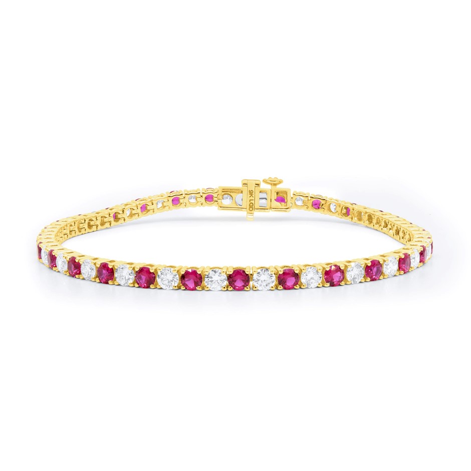 6.78ct 9K Yellow Gold Lab Grown Diamond Ruby Tennis Bracelet 18cm