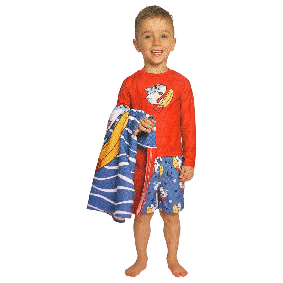 PEKKLE Kids' 3pc Rashguard Set, Size 2, Red Shark, Incl: Rashguard, Brief &