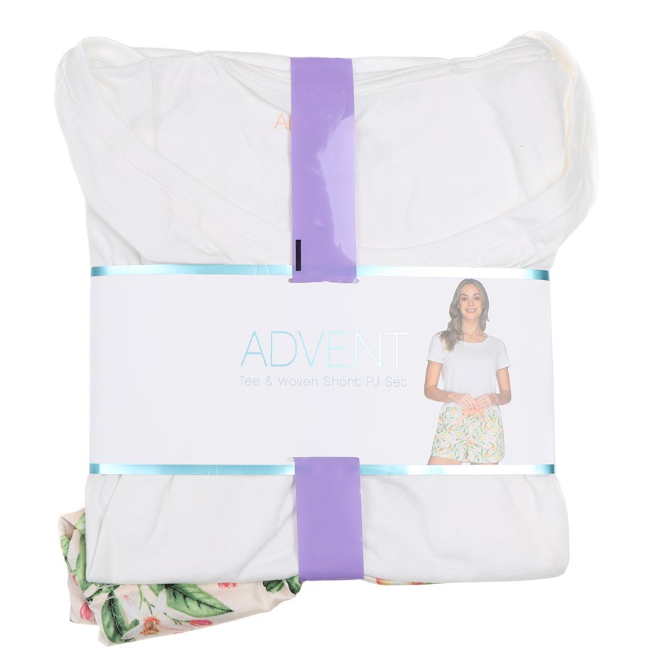 2pcs x ADVENT Tee & Woven Short PJ Set, Size XS, Cotton, White/Peaches.  Bu
